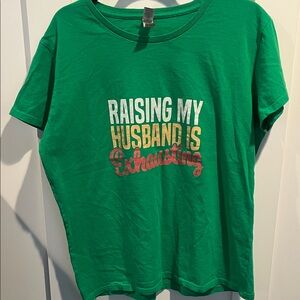unny Green Graphic T-Shirt “Raising My Husband Is Exhausting” Women’s XL